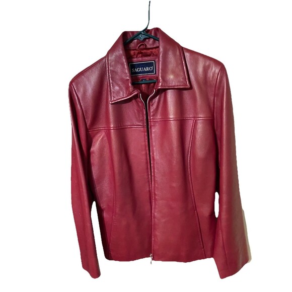 Saguaro Vintage Vibrant Red Leather Jacket Removable Faux Fur Collar Women Large - Picture 2 of 10